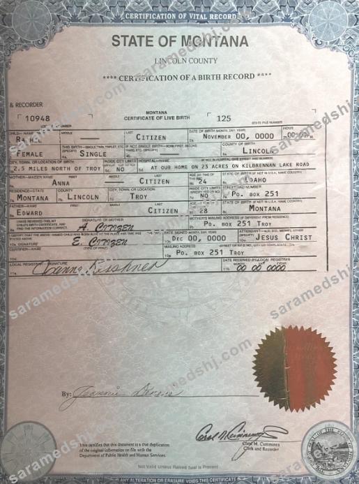 USA Montana state birth certificate template in PSD format